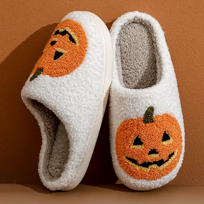 Smile Pumpkin Halloween Women'S Slippers Winter Indoor Cartoon Comfort Home Bedroom Soft Causal Flat Plush Shoes for Gift
