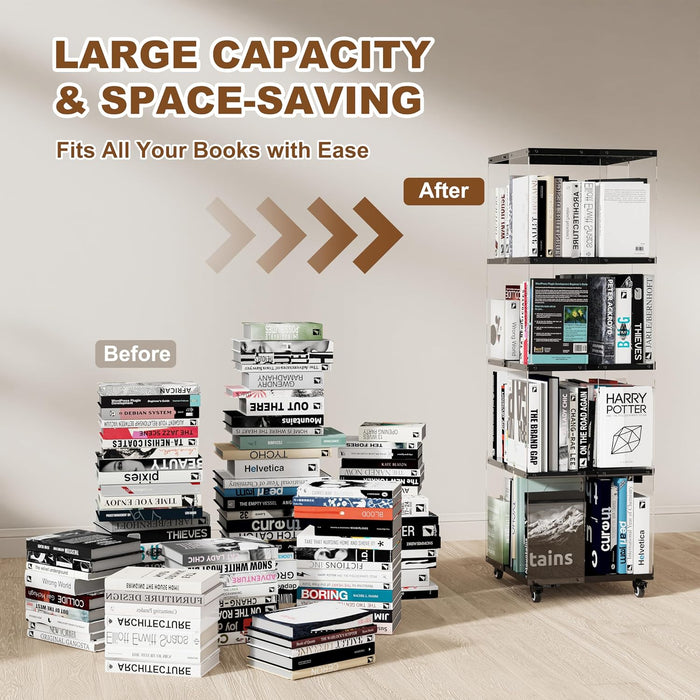 4 Tier Rotating Bookshelf with LED Lights Clear Acrylic Revolving Corner Bookcase on Wheels 360° Spinning Bookshelf Tower for Small Space, Playroom, Study Room, Living Room or Bedroom(Black)