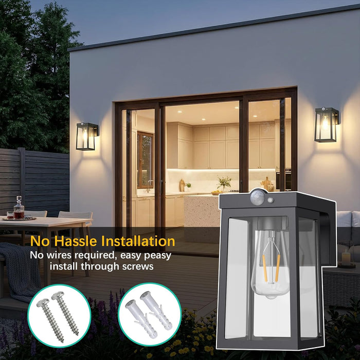 Solar Motion Sensor Lights, Solar Lights with 2 Modes & Waterproof, Dusk to Dawn Glass Outdoor Wall Lights for Entryway Exterior Front Porch Patio Fence Lantern (2 Pack)