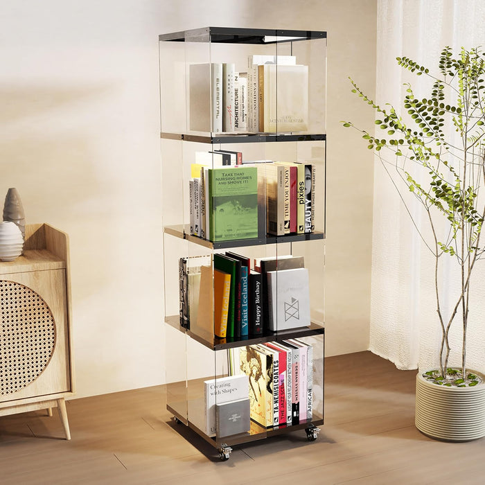 4 Tier Rotating Bookshelf with LED Lights Clear Acrylic Revolving Corner Bookcase on Wheels 360° Spinning Bookshelf Tower for Small Space, Playroom, Study Room, Living Room or Bedroom(Black)