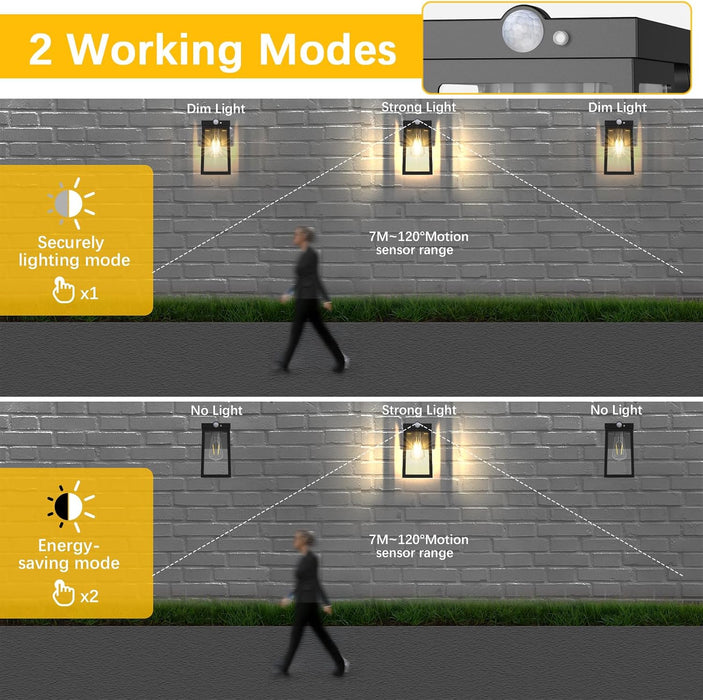 Solar Motion Sensor Lights, Solar Lights with 2 Modes & Waterproof, Dusk to Dawn Glass Outdoor Wall Lights for Entryway Exterior Front Porch Patio Fence Lantern (2 Pack)