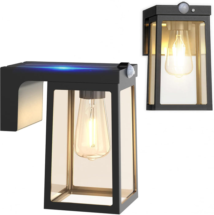 Solar Motion Sensor Lights, Solar Lights with 2 Modes & Waterproof, Dusk to Dawn Glass Outdoor Wall Lights for Entryway Exterior Front Porch Patio Fence Lantern (2 Pack)