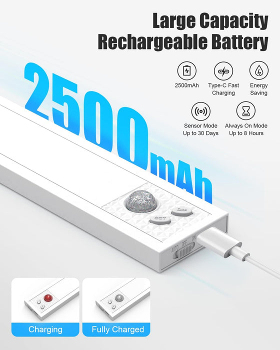Under Cabinet Motion Sensor Lighting - 20 Inch Wireless under Cabinet Lighting, Rechargeable with Magnetic Mount, 5CCT Adjustable for Kitchen/Hallway (White, 2-Pack)