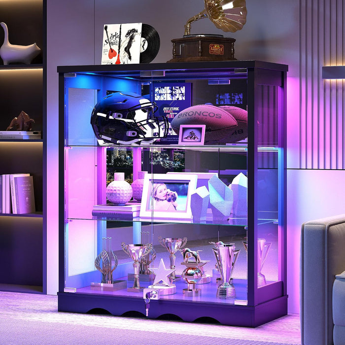 39" Display Cabinet with Glass Doors, RGB Lights, Lock & 3-Tier