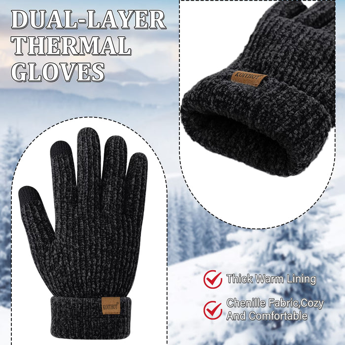2 Pairs Winter Gloves for Women Chenille, Winter Warm Thick Lined Touchscreen Fingers Cold Winter Gloves