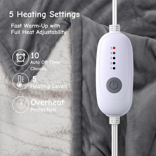 Electric Blanket Full Size 72"X84",Ultra-Soft Flannel Sherpa with 5 Heat Settings & a 10-Hour Auto Shutoff, for Couch & Bed, Grey