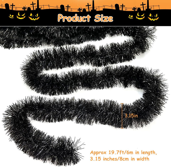 19.68Feet Black Garland - Sparkle Halloween Tinsel Garland for Holiday Tree, Table, Door, Wall, Rail, Fireplace, Parade Floats - Halloween Garland for Indoor & Outdoor Home Party Decoration