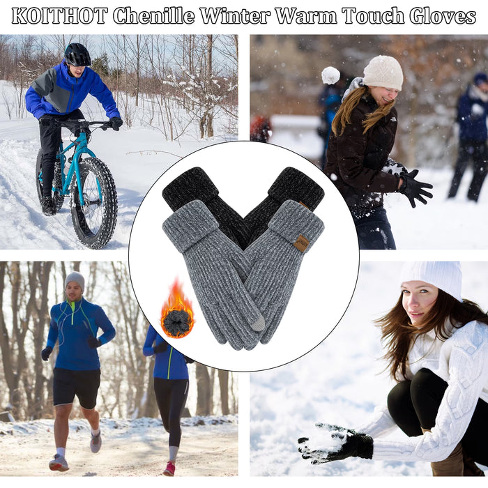 2 Pairs Winter Gloves for Women Chenille, Winter Warm Thick Lined Touchscreen Fingers Cold Winter Gloves