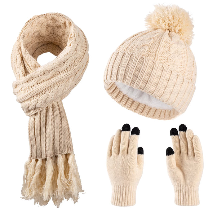 Womens Winter Beanie Hat Scarf Gloves Set Warm Lined Cap Long Neck Scarf Touchscreen Gloves Set for Winter Gift