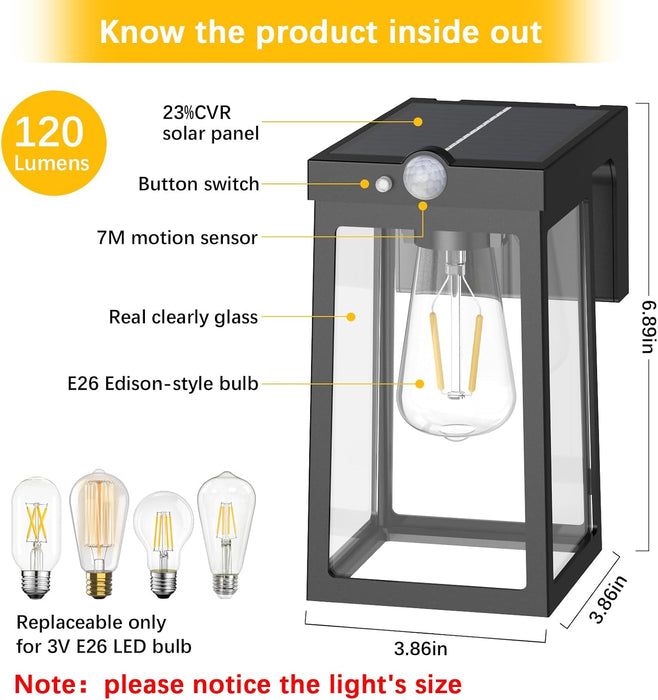 Solar Motion Sensor Lights, Solar Lights with 2 Modes & Waterproof, Dusk to Dawn Glass Outdoor Wall Lights for Entryway Exterior Front Porch Patio Fence Lantern (2 Pack)