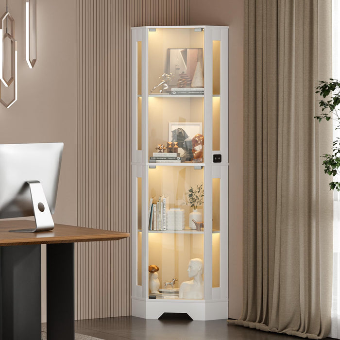 65" Corner Display Cabinet with LED Lights 4 Tier, White, Curio Cabinet with Motion Sensor Lighting & Glass Doors for Collectibles, Easy Assembly Shelves