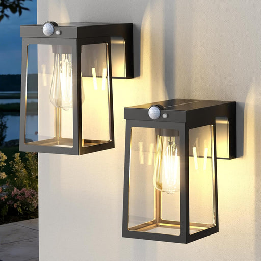 Solar Motion Sensor Lights, Solar Lights with 2 Modes & Waterproof, Dusk to Dawn Glass Outdoor Wall Lights for Entryway Exterior Front Porch Patio Fence Lantern (2 Pack)