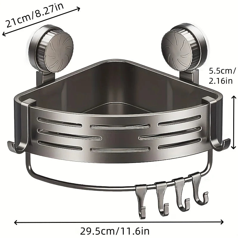 Space Saving Suction Cup Bathroom Rack with Sturdy Triangular Frame and Hook Rod Suitable for Showers and Bathrooms