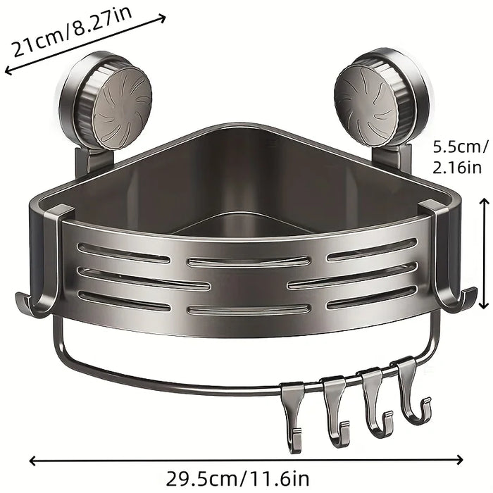 Space Saving Suction Cup Bathroom Rack with Sturdy Triangular Frame and Hook Rod Suitable for Showers and Bathrooms