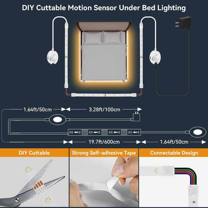 Dual Motion Sensor LED Light Strip Indoor 19.7Ft Warm White Night Lighting