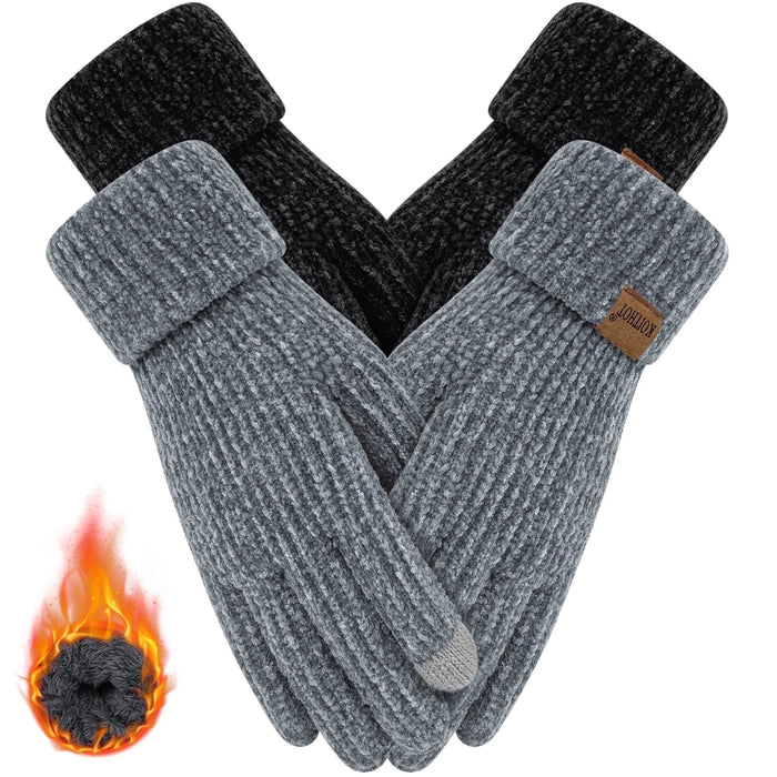 2 Pairs Winter Gloves for Women Chenille, Winter Warm Thick Lined Touchscreen Fingers Cold Winter Gloves