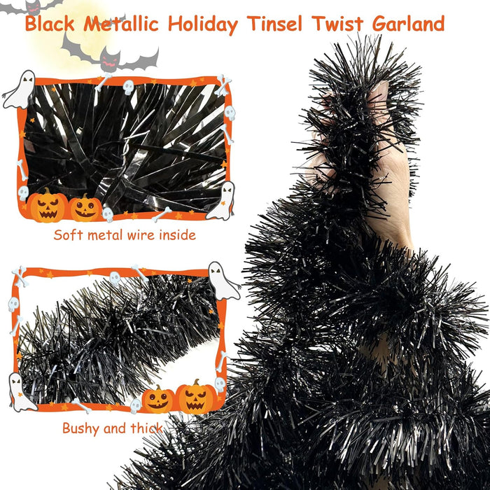 19.68Feet Black Garland - Sparkle Halloween Tinsel Garland for Holiday Tree, Table, Door, Wall, Rail, Fireplace, Parade Floats - Halloween Garland for Indoor & Outdoor Home Party Decoration