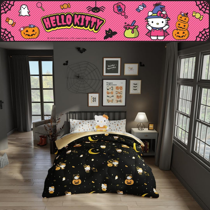 Sanrio Hello Kitty Halloween Pumpkin Queen Bed Set – Super Soft & Cozy 5 Piece Reversible Comforter and Sheet Set (Officially Licensed Product) by