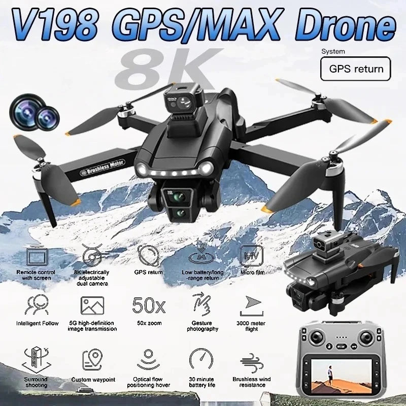 Original V198 MAX GPS Drone 8K Profesional 4K HD Camera Brushless Laser Obstacle Avoidance Foldable Quadcopter Aerial Optical