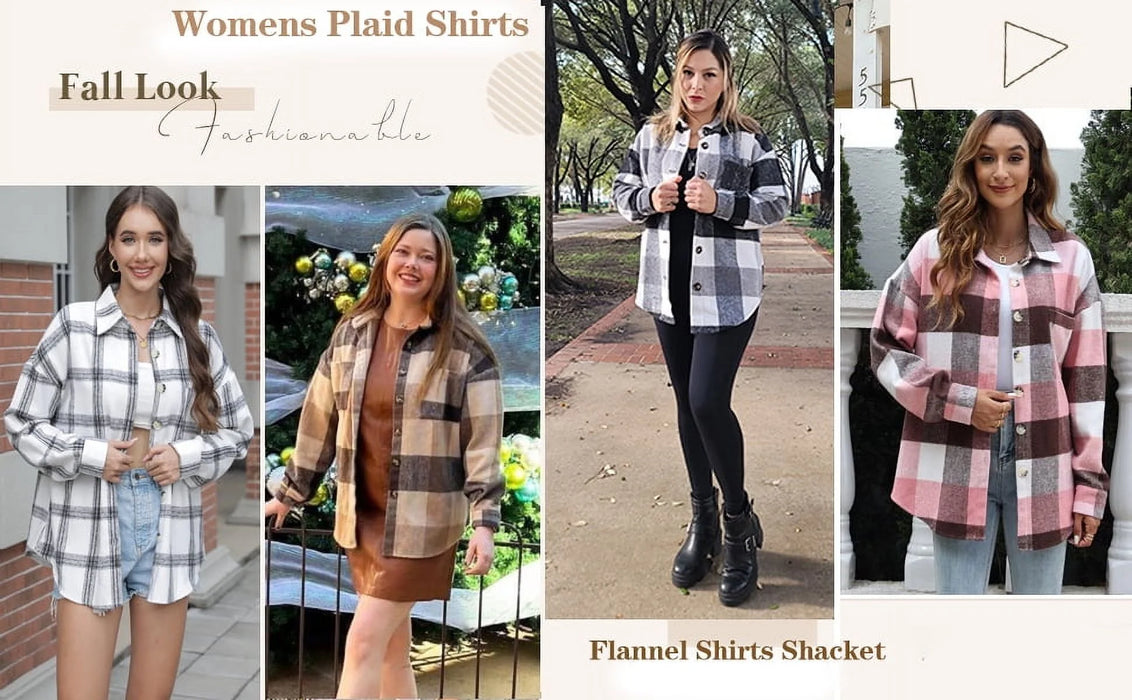 Womens Plaid Shirts Flannel Shacket Jacket Long Sleeve Button down Shirts Blouses Tops