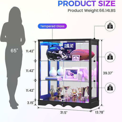 39" Display Cabinet with Glass Doors, RGB Lights, Lock & 3-Tier