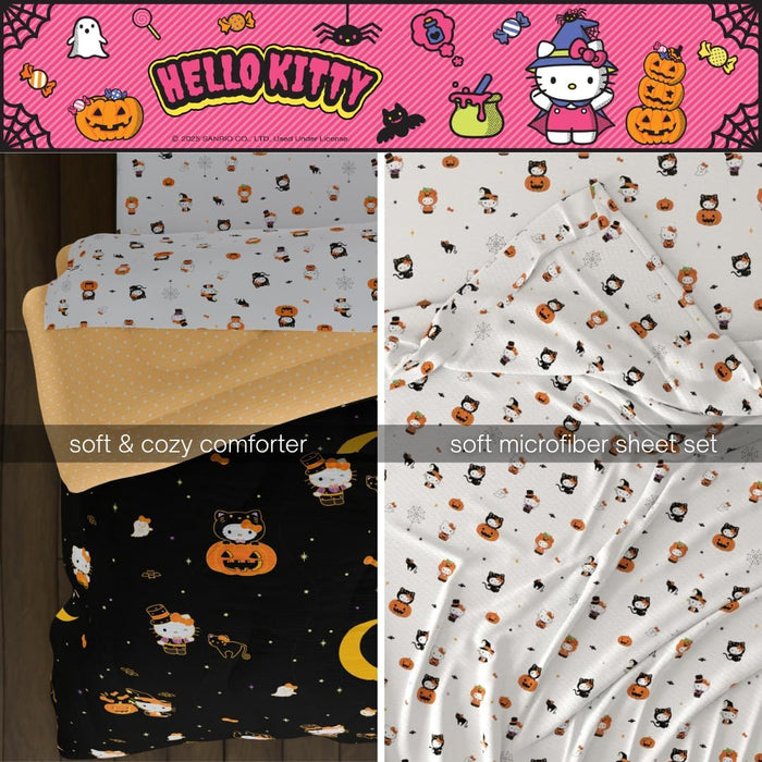 Sanrio Hello Kitty Halloween Pumpkin Queen Bed Set – Super Soft & Cozy 5 Piece Reversible Comforter and Sheet Set (Officially Licensed Product) by