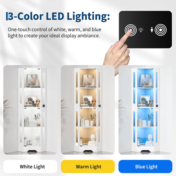 65" Corner Display Cabinet with LED Lights 4 Tier, White, Curio Cabinet with Motion Sensor Lighting & Glass Doors for Collectibles, Easy Assembly Shelves