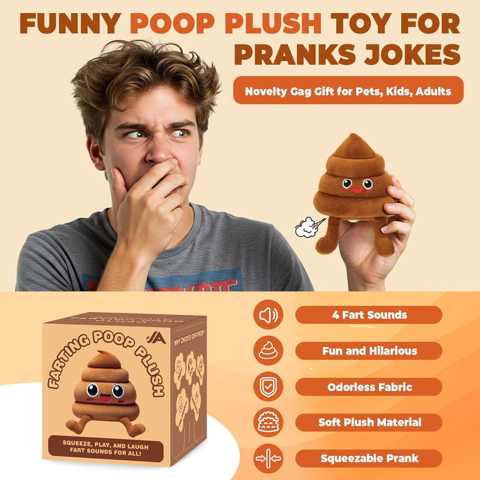 Funny Poop Plush Toy with 4 Fart Sounds - Fart Blaster Noise Maker - Realistic Fake Poop for Pranks, Jokes - Funny Gag Gift for Pets, Kids, Adults