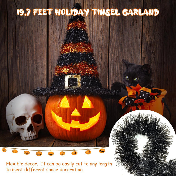 19.68Feet Black Garland - Sparkle Halloween Tinsel Garland for Holiday Tree, Table, Door, Wall, Rail, Fireplace, Parade Floats - Halloween Garland for Indoor & Outdoor Home Party Decoration