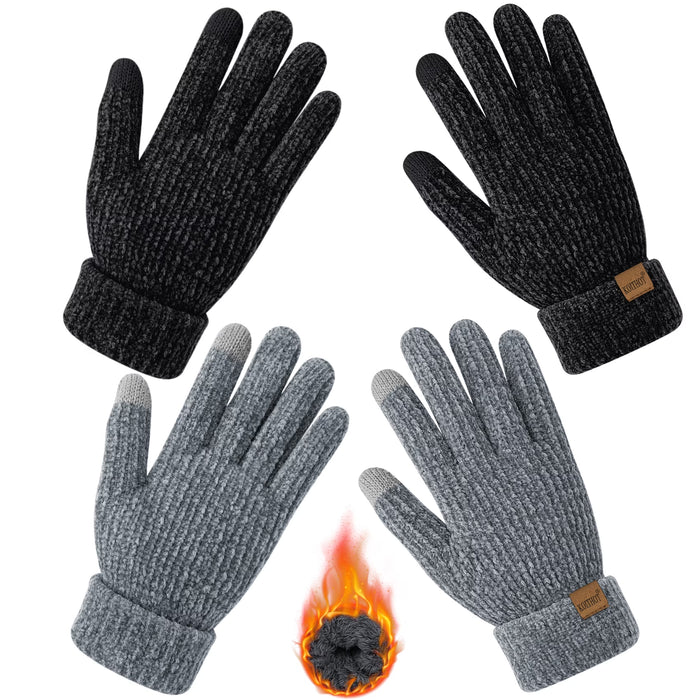 2 Pairs Winter Gloves for Women Chenille, Winter Warm Thick Lined Touchscreen Fingers Cold Winter Gloves