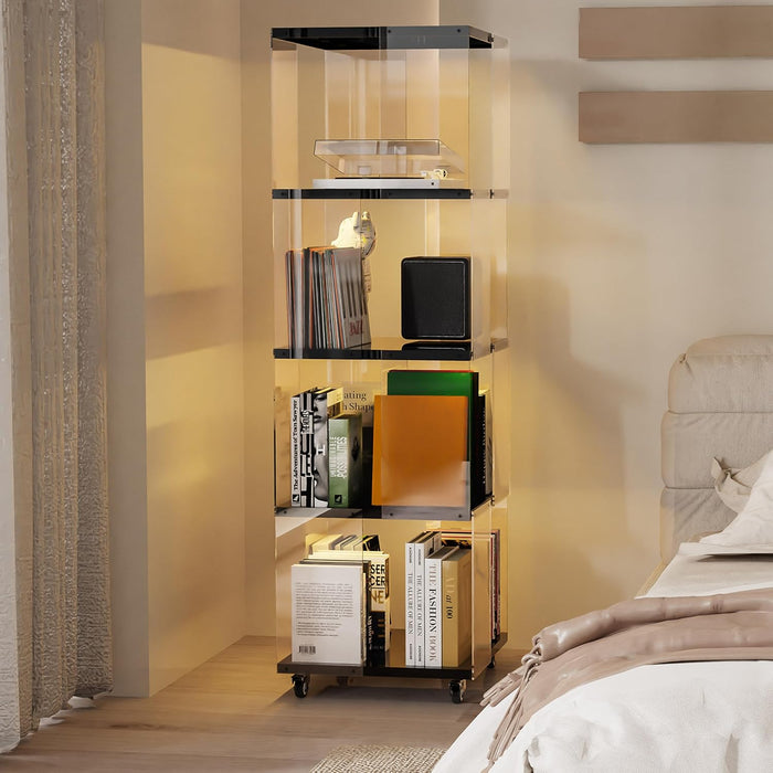 4 Tier Rotating Bookshelf with LED Lights Clear Acrylic Revolving Corner Bookcase on Wheels 360° Spinning Bookshelf Tower for Small Space, Playroom, Study Room, Living Room or Bedroom(Black)