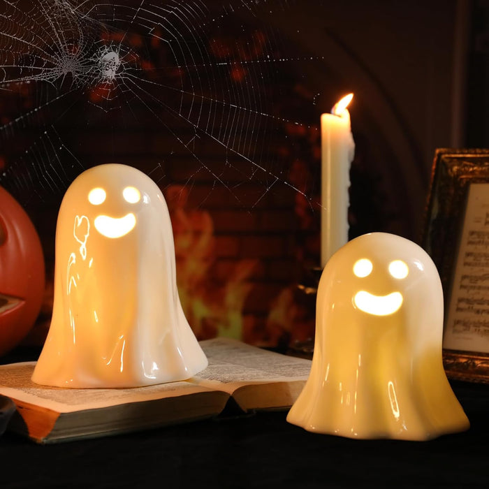 Ceramic Halloween Decor, 2 Pack Light up Ghost Figures Set, Spooky Halloween Indoor Decorations Statue Sculpture for Props Home Tabletop Decorations