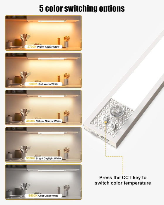 Under Cabinet Motion Sensor Lighting - 20 Inch Wireless under Cabinet Lighting, Rechargeable with Magnetic Mount, 5CCT Adjustable for Kitchen/Hallway (White, 2-Pack)