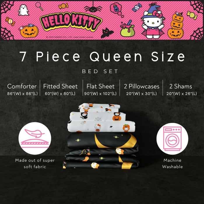 Sanrio Hello Kitty Halloween Pumpkin Queen Bed Set – Super Soft & Cozy 5 Piece Reversible Comforter and Sheet Set (Officially Licensed Product) by