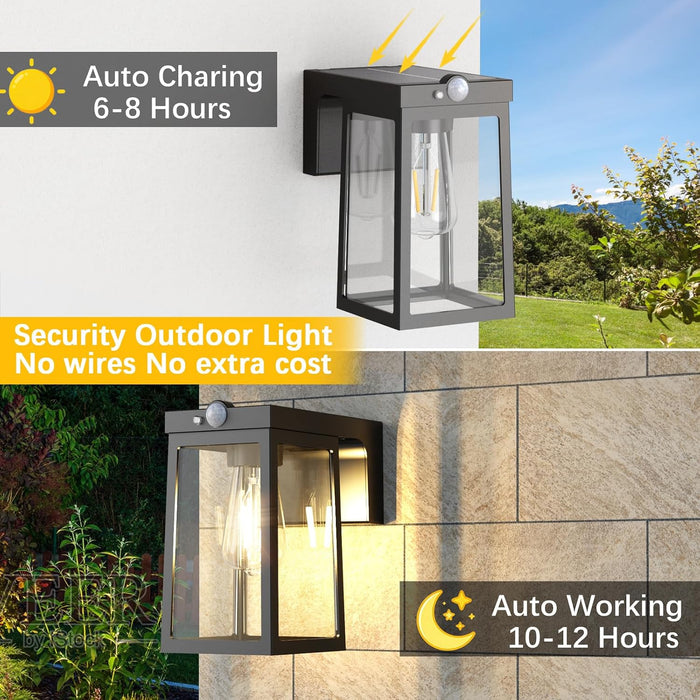 Solar Motion Sensor Lights, Solar Lights with 2 Modes & Waterproof, Dusk to Dawn Glass Outdoor Wall Lights for Entryway Exterior Front Porch Patio Fence Lantern (2 Pack)