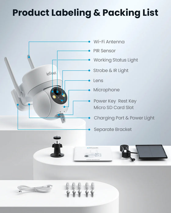 Security Cameras Wireless Outdoor, 2K Wifi Solar Camera for Home Surveillance, 360 View PTZ, Battery Powered, Color Night Vision, Motion Sensor