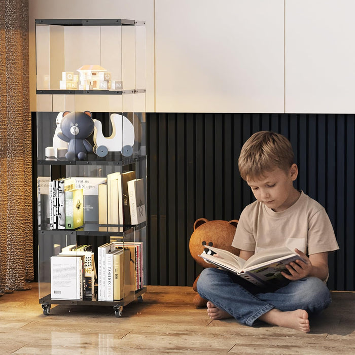 4 Tier Rotating Bookshelf with LED Lights Clear Acrylic Revolving Corner Bookcase on Wheels 360° Spinning Bookshelf Tower for Small Space, Playroom, Study Room, Living Room or Bedroom(Black)