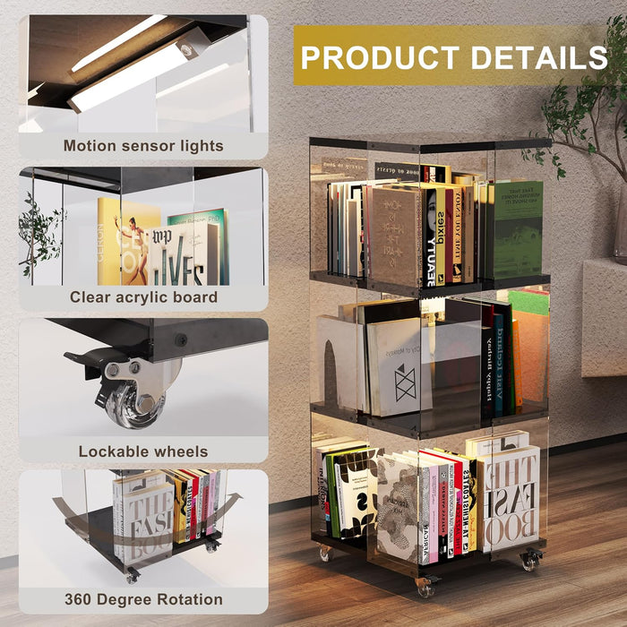 4 Tier Rotating Bookshelf with LED Lights Clear Acrylic Revolving Corner Bookcase on Wheels 360° Spinning Bookshelf Tower for Small Space, Playroom, Study Room, Living Room or Bedroom(Black)