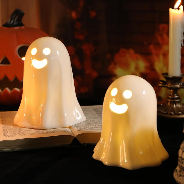 Ceramic Halloween Decor, 2 Pack Light up Ghost Figures Set, Spooky Halloween Indoor Decorations Statue Sculpture for Props Home Tabletop Decorations