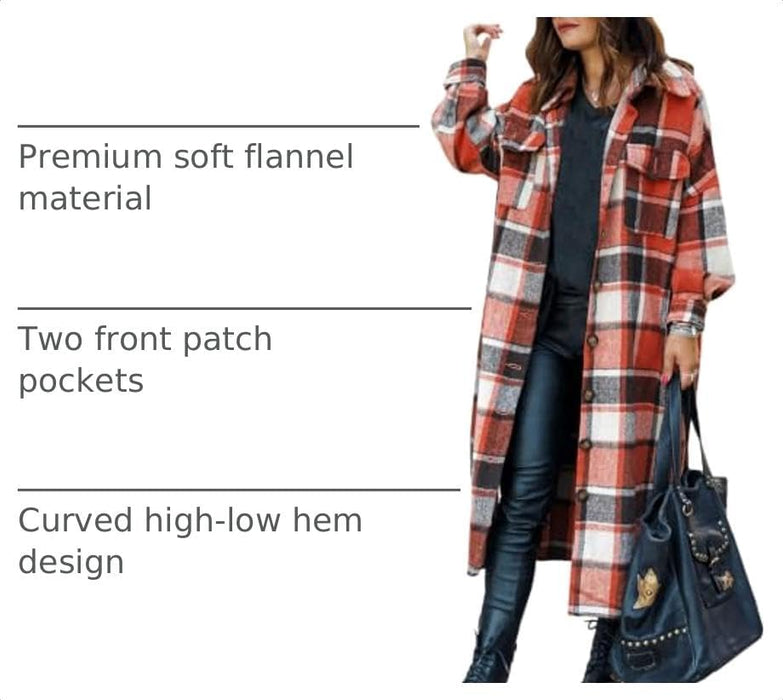 Women Oversized Plaid Shacket Long Fall Flannel Shirt Jacket
