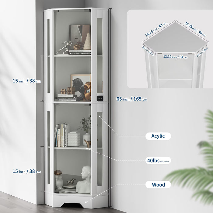 65" Corner Display Cabinet with LED Lights 4 Tier, White, Curio Cabinet with Motion Sensor Lighting & Glass Doors for Collectibles, Easy Assembly Shelves
