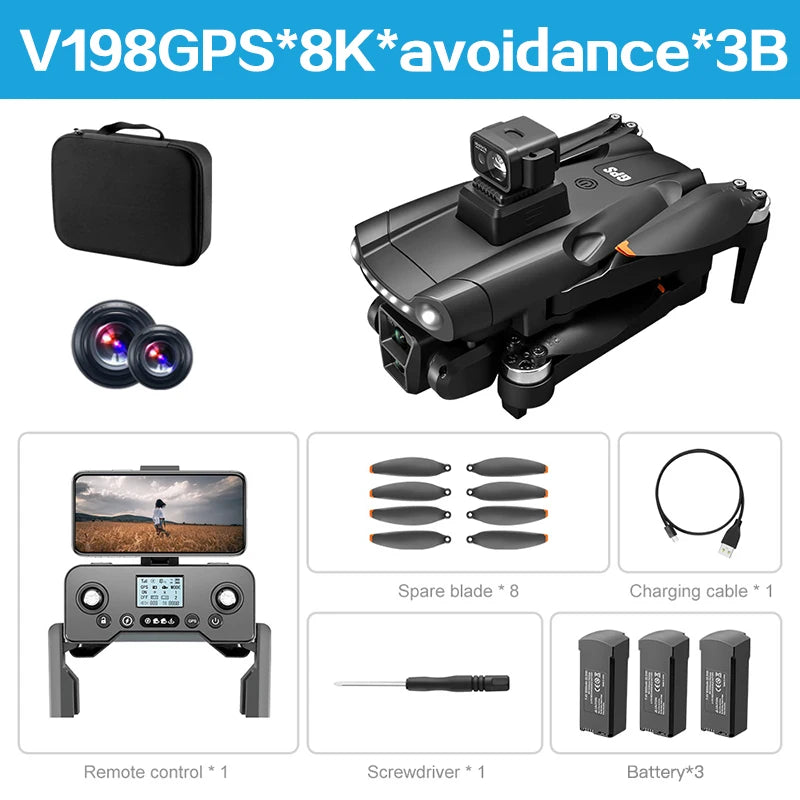 Original V198 MAX GPS Drone 8K Profesional 4K HD Camera Brushless Laser Obstacle Avoidance Foldable Quadcopter Aerial Optical