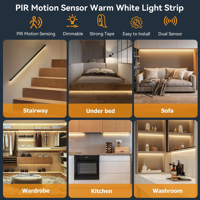 Dual Motion Sensor LED Light Strip Indoor 19.7Ft Warm White Night Lighting