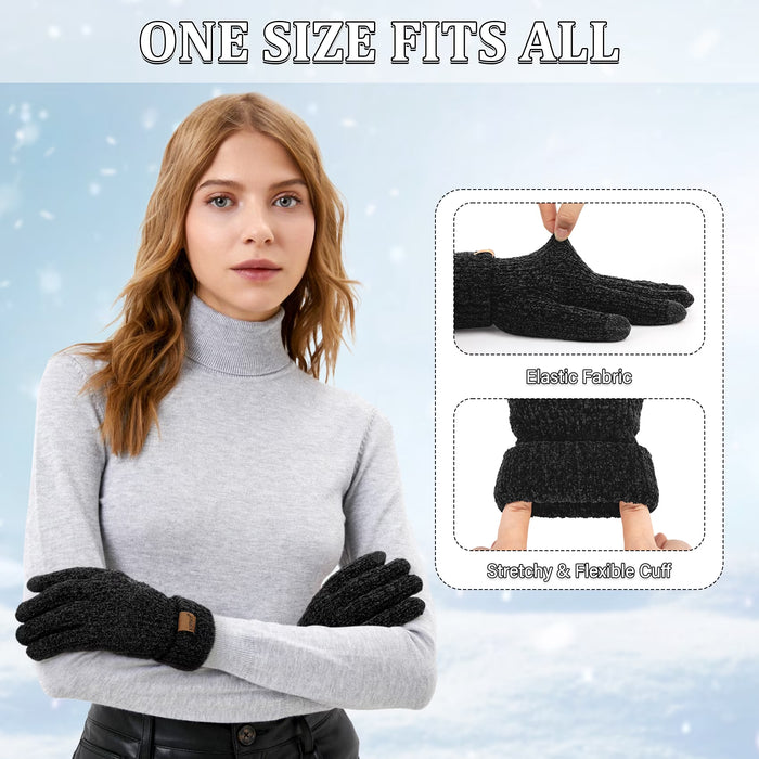 2 Pairs Winter Gloves for Women Chenille, Winter Warm Thick Lined Touchscreen Fingers Cold Winter Gloves