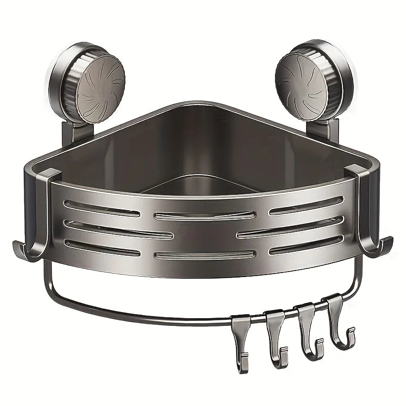 Space Saving Suction Cup Bathroom Rack with Sturdy Triangular Frame and Hook Rod Suitable for Showers and Bathrooms