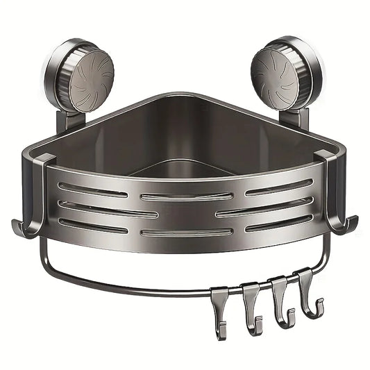 Space Saving Suction Cup Bathroom Rack with Sturdy Triangular Frame and Hook Rod Suitable for Showers and Bathrooms