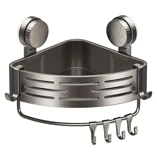 Space Saving Suction Cup Bathroom Rack with Sturdy Triangular Frame and Hook Rod Suitable for Showers and Bathrooms