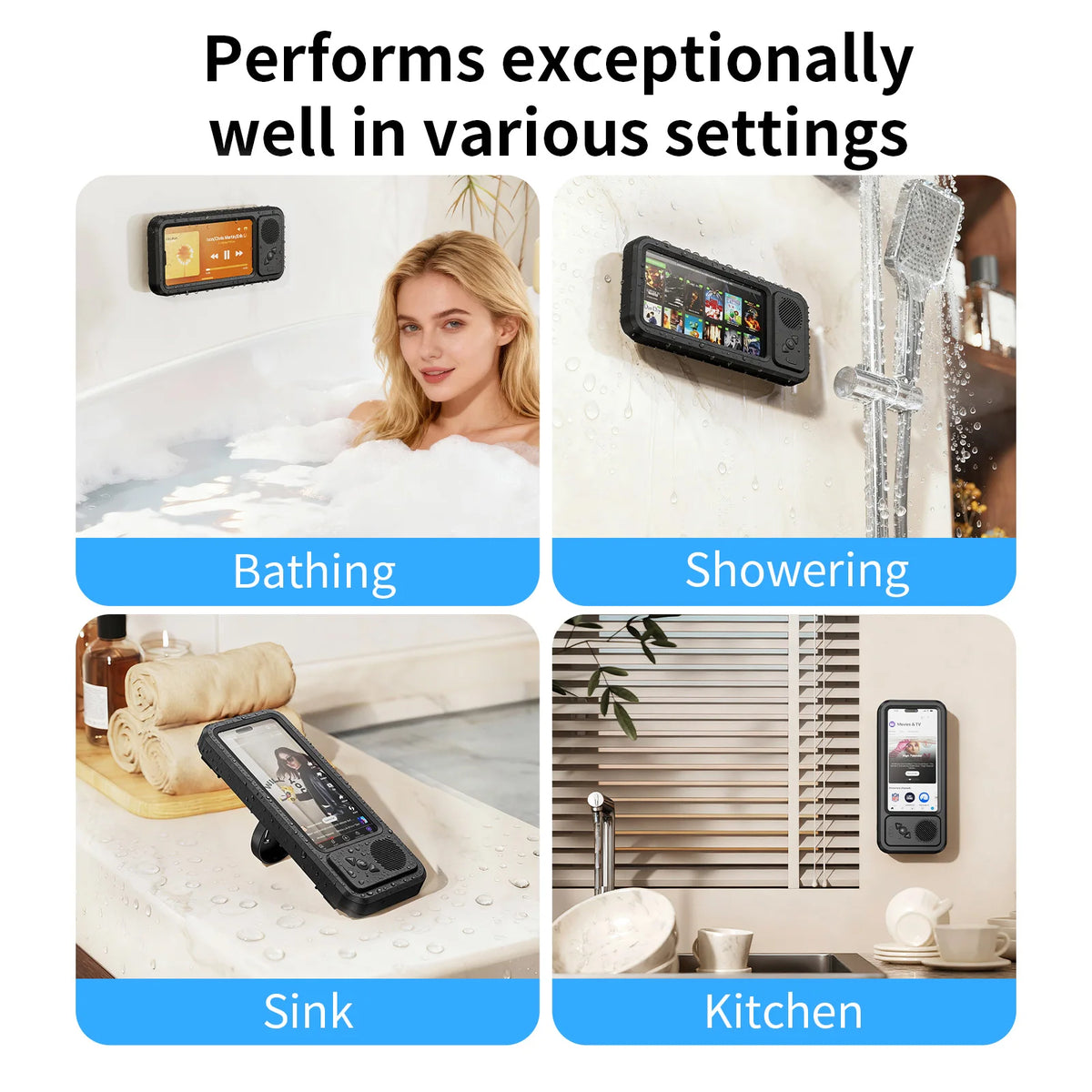 Eary Shower Phone Holder with Wireless Bluetooth Speaker Waterproof Shower Phone Case Wall Mounted Stand for Bathroom Mirror