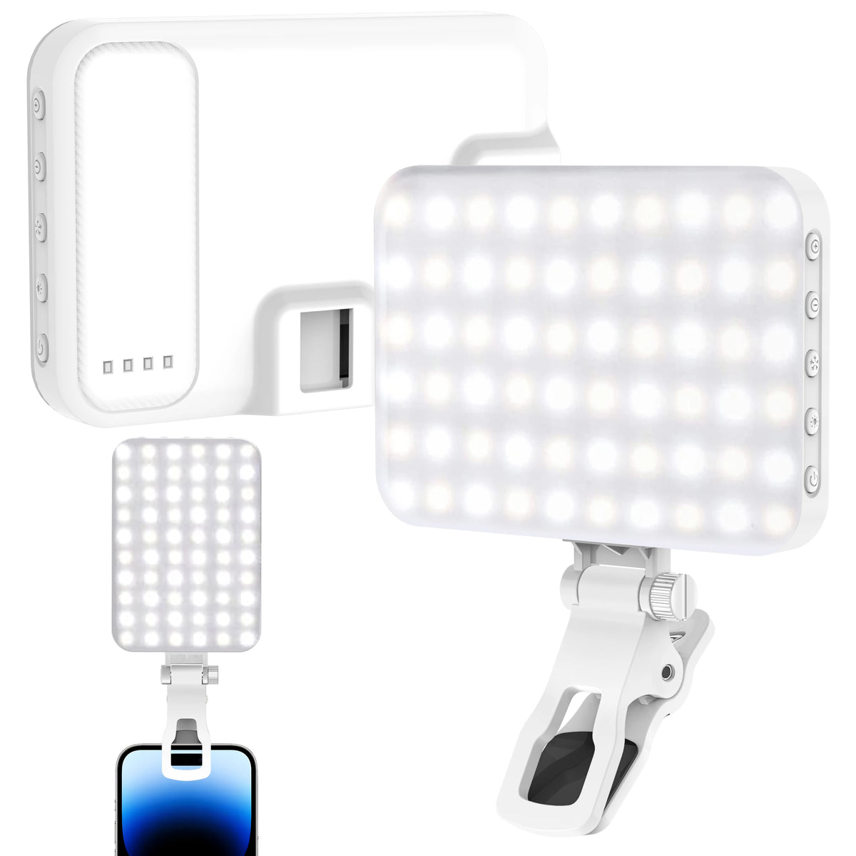 LED Selfie Light 60 High Power Rechargeable Clip Fill Video Light for Phone Ipad with Front & Back Clip Adjusted 3 Light Modes