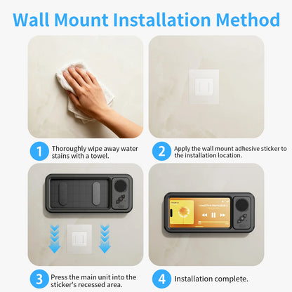 Eary Shower Phone Holder with Wireless Bluetooth Speaker Waterproof Shower Phone Case Wall Mounted Stand for Bathroom Mirror